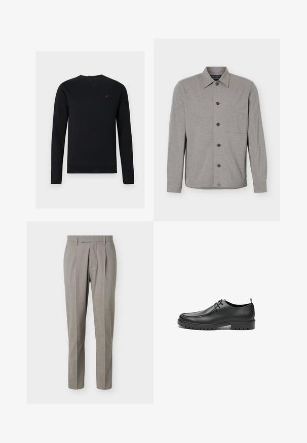 Chemise grise à manches longues avec col et poche poitrine, affichée à plat avec les boutons fermés sur le devant.; Sweatshirt noir en coton avec manches longues, col rond, poignets côtelés et un petit logo d'oiseau rouge sur la poitrine.; Pantalon gris clair sur mesure à jambes droites, passants pour ceinture, plis avant et taille nette sur fond blanc.; Chaussures en cuir noir avec une finition lisse, bout arrondi et coutures décoratives. Elles possèdent une semelle en caoutchouc avec des rainures de traction et un laçage.