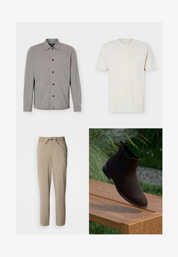 Chemise grise à manches longues avec col et poche poitrine, affichée à plat avec les boutons fermés sur le devant.; T-shirt à manches courtes couleur blanc cassé uni avec col rond et logo discret sur le côté gauche de la poitrine, présenté sur un fond blanc uni.; Pantalon beige en tissu doux, doté d'une taille à cordon de serrage et d'une coupe décontractée, avec des jambes droites et sans poches visibles.; Botte cheville en cuir marron avec des panneaux élastiques sur les côtés, bout rond, petit talon et une languette pour un enfilage facile, reposant sur une surface en bois.