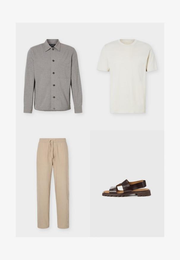 Chemise grise à manches longues avec col et poche poitrine, affichée à plat avec les boutons fermés sur le devant.; T-shirt à manches courtes couleur blanc cassé uni avec col rond et logo discret sur le côté gauche de la poitrine, présenté sur un fond blanc uni.; Pantalon beige à taille élastique avec cordon de serrage, jambes droites et poches latérales, présenté sur un fond blanc uni.; Sandale en cuir marron à semelle plate, design à brides croisées et semelle intérieure rembourrée ; présente des accents cousus et une bride au talon pour le maintien.
