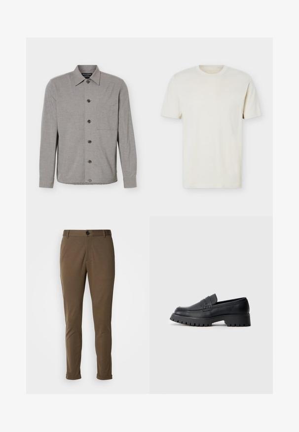 Grå langærmet skjorte med knapper, krave og brystlomme, vist fladt med knapperne knappet foran.; Simpel, off-white T-shirt med korte ærmer og rund hals, med diskret logo på venstre bryst, vist mod en hvid flad baggrund.; Brune skræddersyede bukser med en glat tekstur, der har en knaplukning og rullede manchetter. Designet med en slim fit og funktionelle lommer.; Sorte læder loafers med en rund tå, prydet med en dekorativ rem og en kraftig gummisål med dybe riller for grip.