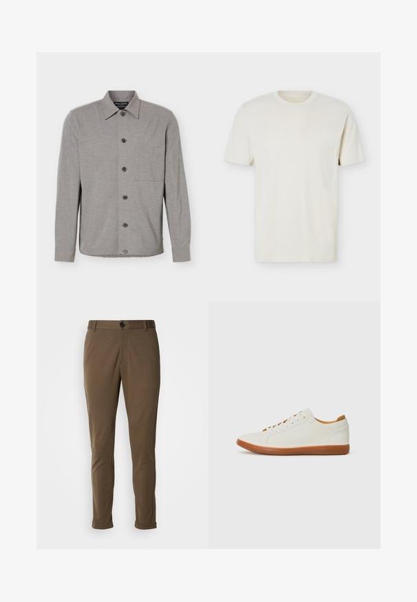 Grå langærmet skjorte med knapper, krave og brystlomme, vist fladt med knapperne knappet foran.; Simpel, off-white T-shirt med korte ærmer og rund hals, med diskret logo på venstre bryst, vist mod en hvid flad baggrund.; Brune skræddersyede bukser med en glat tekstur, der har en knaplukning og rullede manchetter. Designet med en slim fit og funktionelle lommer.; Hvide sneakers med overdel i tekstureret læder, rund tå og gummisål. Har flade hvide snørebånd og beige indvendige detaljer.