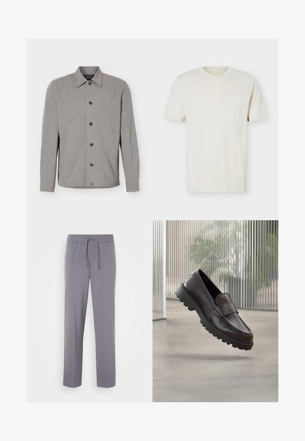 Grå langærmet skjorte med knapper, krave og brystlomme, vist fladt med knapperne knappet foran.; Simpel, off-white T-shirt med korte ærmer og rund hals, med diskret logo på venstre bryst, vist mod en hvid flad baggrund.; Grå, strækbare bukser med flad front, elastisk linning og snor, med lige ben og en glat tekstur.; Brun lædersko uden snørebånd med rundet tå og solid sort gummisål. Har en dekorativ rem hen over vristen.