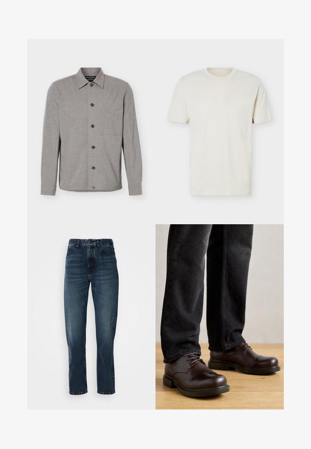 Grå langærmet skjorte med knapper, krave og brystlomme, vist fladt med knapperne knappet foran.; Simpel, off-white T-shirt med korte ærmer og rund hals, med diskret logo på venstre bryst, vist mod en hvid flad baggrund.; Mørkeblå lige bukser med frontknap og lynlås, fem-lomme design og subtil fading på lår og knæ.; Brune lædersko med rund tå, snørelukning og kraftig sort gummisål, parret med mørke denim bukser.