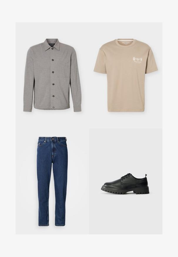 Chemise grise à manches longues avec col et poche poitrine, affichée à plat avec les boutons fermés sur le devant.; T-shirt beige à manches courtes avec col rond, présentant de petits motifs d'insectes et le logo "Marc O'Polo" sur la poitrine gauche.; Jean bleu foncé en denim, avec une coupe droite, style cinq poches et des coutures apparentes le long des coutures.; Chaussures en cuir noir à lacets avec un bout arrondi, surface texturée et semelle en caoutchouc épaisse dotée de profondes rainures pour une meilleure adhérence.