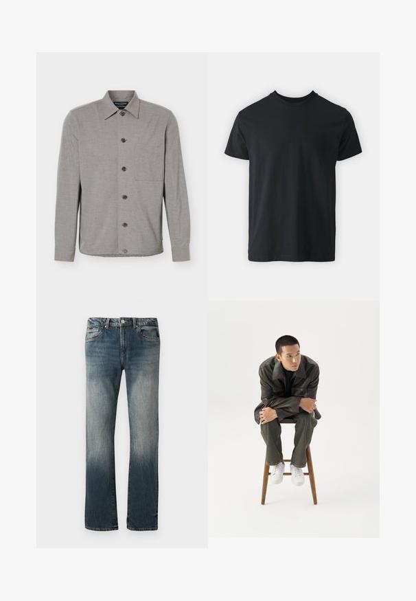 Graues, langärmeliges Hemd mit Knöpfen, Kragen und Brusttasche, flach ausgelegt mit durchgehend geschlossenen Knöpfen vorne.; Schwarzes Baumwoll-T-Shirt mit kurzen Ärmeln, Rundhalsausschnitt und lässiger Passform. Glatte Textur und gerader Saum, keine sichtbaren Grafiken oder Muster.; Herrliche gerade geschnittene blaue Denim-Jeans mit ausgewaschenem Effekt und Fünf-Taschen-Design auf weißem Hintergrund.; Junger Mann in dunkler Lederjacke und Jeans sitzt auf einem Holzstuhl, lehnt sich mit verschränkten Armen nach vorne und schaut seitlich vor weißem Hintergrund.