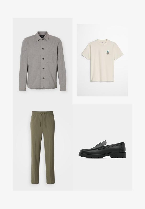Grijs overhemd met lange mouwen, knoopsluiting, kraag en borstzak, plat gelegd met alle knopen dichtgeknoopt aan de voorkant.; Off-white T-shirt met korte mouwen, kleine groene plant en tekstlogo op de linkerborst, ronde hals en regular fit.; Olijfgroene, lichte broek met een elastische tailleband en verstelbaar trekkoord; recht model en een gladde textuur.; Zwarte leren instappers met een ronde neus, voorzien van een gestikt ontwerp, een lage platformzool en een gestructureerde, grof rubberen buitenzool.