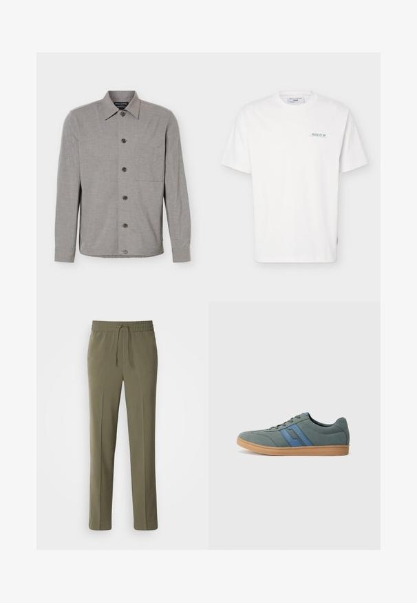 Grå langærmet skjorte med knapper, krave og brystlomme, vist fladt med knapperne knappet foran.; Hvid T-shirt med korte ærmer og rund hals, med lille grøn tekst "JUICE IT UP Marc O'Polo Denim" på venstre bryst.; Olivengrønne, letvægtsbukser med elastisk talje og justerbar snor; lige ben design og glat tekstur.; Lys grøn ruskind sneaker med blå detaljer, flade snørebånd og en beige gummisål. Rund toe og lavprofil design.