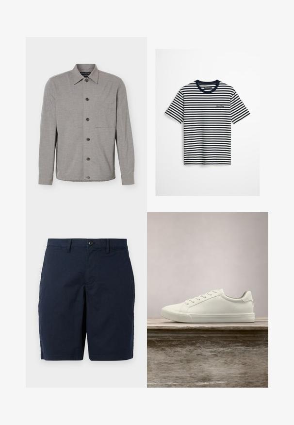 Grijs overhemd met lange mouwen, knoopsluiting, kraag en borstzak, plat gelegd met alle knopen dichtgeknoopt aan de voorkant.; Navyblauw en wit horizontaal gestreept T-shirt met korte mouwen, een navyblauwe kraag en een klein Marc O’Polo-logo op de borst.; Marineblauwe shorts van lichtgewicht stof. Voorzien van een knoopsluiting, vlakke voorkant en twee zijzakken. Klassiek, recht fit ontwerp.; Witte vetersneaker die boven een houten bank zweeft met groene bladeren op de achtergrond, waarbij het ontwerp en de textuur van de schoen worden getoond.