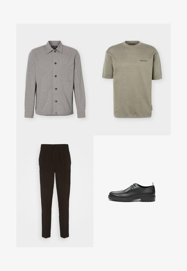 Graues, langärmeliges Hemd mit Knöpfen, Kragen und Brusttasche, flach ausgelegt mit durchgehend geschlossenen Knöpfen vorne.; Hell olivgrünes kurzärmeliges Strick-T-Shirt mit Rundhalsausschnitt und kleinem schwarzem "Marc O'Polo"-Logo auf der linken Brust.; Schwarze, lange, schmal zulaufende Hose aus einem weichen, glatten Material. Mit einem elastischen Bund und einem Kordelzug für eine verstellbare Passform.; Schwarze Lederschuhe mit glatter Oberfläche, runder Zehenform und dekorativer Naht. Mit einer Gummisohle mit Traktionsrillen und Schnürdesign.