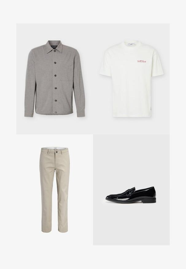Chemise grise à manches longues avec col et poche poitrine, affichée à plat avec les boutons fermés sur le devant.; T-shirt blanc à manches courtes et col rond avec un petit texte rouge "KRÄFTSKIVA" et un texte additionnel plus petit sur la poitrine gauche.; Pantalon beige droit avec passants de ceinture, fermeture par bouton et poches avant, présenté sur fond blanc.; Mocassin en cuir verni noir avec un design épuré, bout rond et un détail cousu sur le dessus. Petit talon et texture lisse.