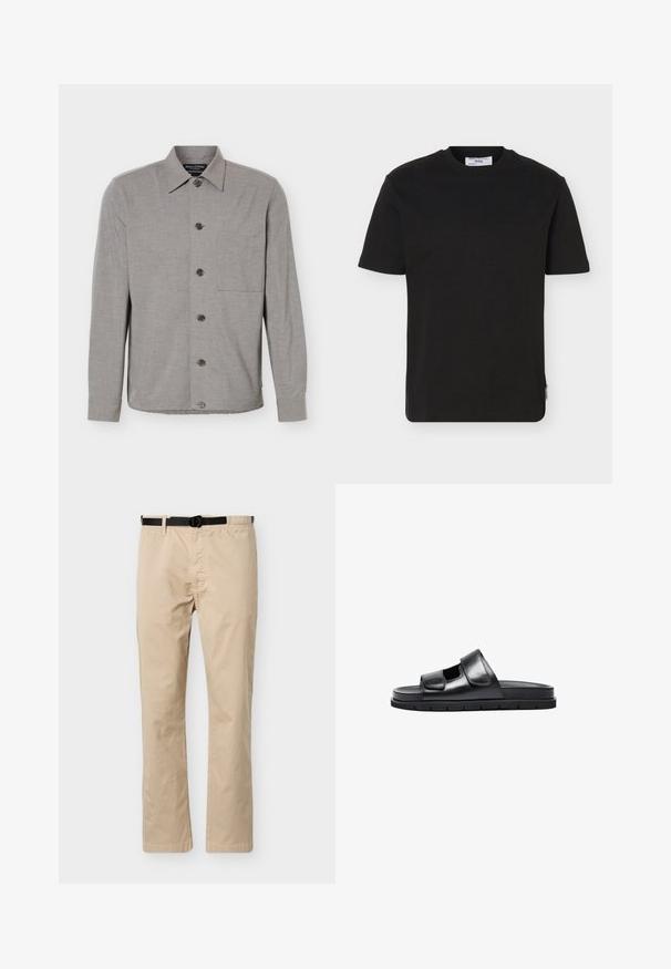 Grijs overhemd met lange mouwen, knoopsluiting, kraag en borstzak, plat gelegd met alle knopen dichtgeknoopt aan de voorkant.; Effen zwart T-shirt met korte mouwen en ronde hals, met een klein merkembleem op de onderkant aan de zijkant.; Beige broek met rechte pijpen, zwarte verstelbare riem, elastische tailleband aan één kant en een voornaad als detail.; Zwarte leren slide sandaal met een brede verstelbare band, open teen en een gestructureerde zool. Minimalistisch ontwerp met een platte, gevoerde binnenzool.