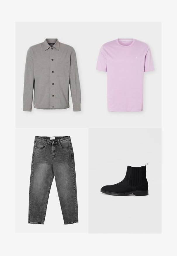 Chemise grise à manches longues avec col et poche poitrine, affichée à plat avec les boutons fermés sur le devant.; T-shirt mauve clair à manches courtes avec col rond et petit logo blanc "M OP" sur le côté gauche de la poitrine, présenté sur un fond blanc.; Jean noir délavé à jambe droite avec poches avant et arrière, passants de ceinture et bouton de fermeture à la taille.; Bottine Chelsea en suède noir avec panneaux latéraux élastiques, bout arrondi, texture subtile et tirant à l'arrière. Semelle plate en caoutchouc.