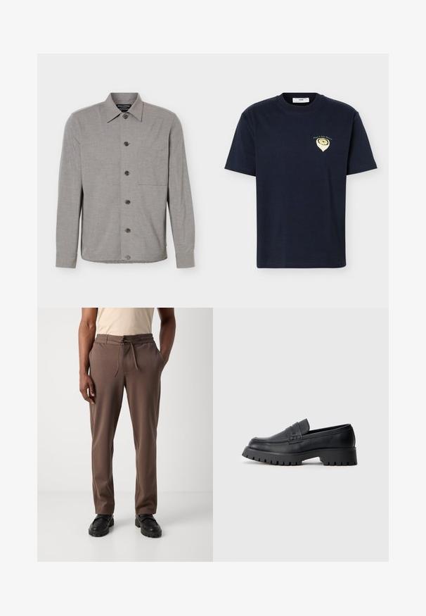 Grå langærmet skjorte med knapper, krave og brystlomme, vist fladt med knapperne knappet foran.; Mørkeblå kortærmet t-shirt med lille gul citrongrafik og teksten "Marc O Polo Denim" på venstre bryst.; Mand iført brune snørebukser og sorte sko, stående mod en ensfarvet hvid baggrund.; Sorte læder loafers med en rund tå, prydet med en dekorativ rem og en kraftig gummisål med dybe riller for grip.