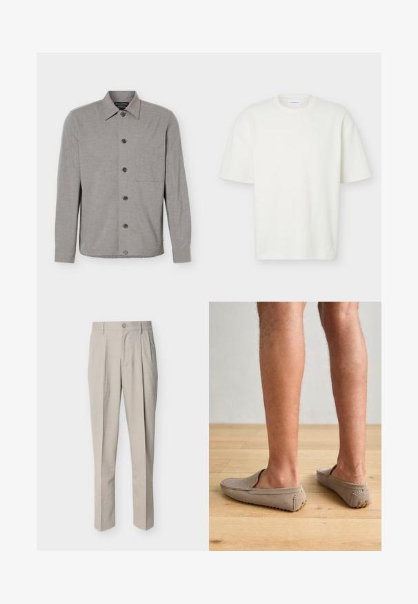 Chemise grise à manches longues avec col et poche poitrine, affichée à plat avec les boutons fermés sur le devant.; T-shirt blanc texturé à manches courtes, col rond, coupe régulière et petite étiquette de marque à l'intérieur du col.; Pantalon beige pour hommes, coupe ajustée, avec plis devant, passants pour ceinture, fermeture à bouton, et coupe droite, présenté sur fond blanc.; Chaussures confortables en daim beige, à enfiler, avec un bout arrondi et des coutures décoratives, dotées de semelles en caoutchouc texturé avec de petits accents dorés.