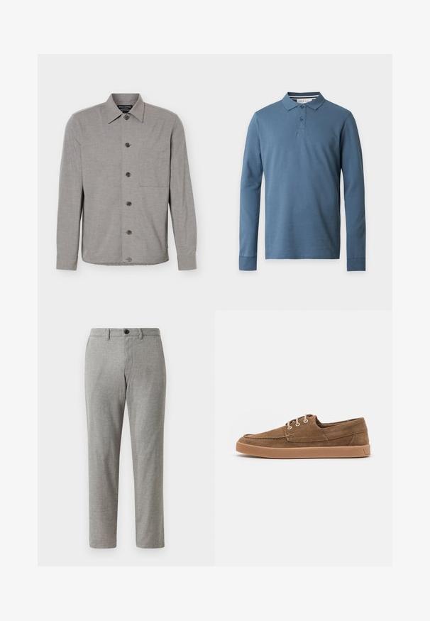 Camisa gris de manga larga con botones, cuello y bolsillo en el pecho, mostrada extendida con los botones abrochados al frente.; Polo azul de manga larga para hombre con dos botones y puños acanalados, presentado sobre un fondo blanco liso.; Pantalones grises de tejido entrelazado con corte recto, con cierre de botón y cinturillas; textura suave y tela ligera para uso casual.; Zapatos casuales de ante marrón con un perfil bajo, diseño de cordones y una suela de goma color beige. Presentan ojales blancos y detalles cosidos a lo largo de los bordes.