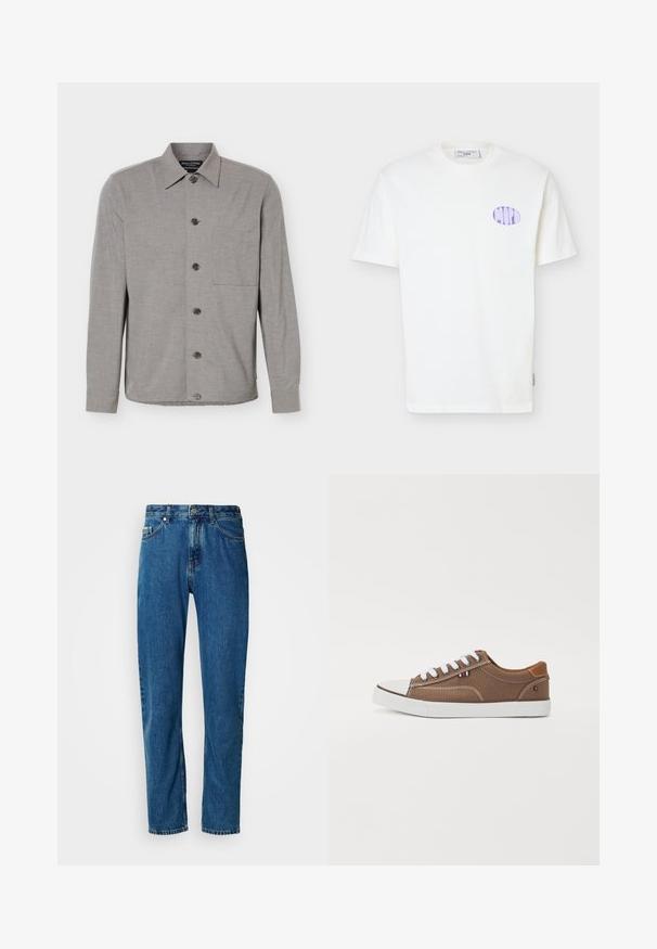 Grijs overhemd met lange mouwen, knoopsluiting, kraag en borstzak, plat gelegd met alle knopen dichtgeknoopt aan de voorkant.; Wit katoenen T-shirt met korte mouwen, met een lila ovale logo op de linkerborst en een ronde hals.; Blauwe rechte spijkerbroek met vijf zakken en een knoopsluiting aan de voorkant op een witte achtergrond.; Bruine canvas sneakers met witte veters, rubberen neuskap en contrasterende tan accenten op de hiel, met een klein driekleurig embleem.