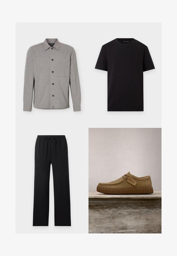 Grijs overhemd met lange mouwen, knoopsluiting, kraag en borstzak, plat gelegd met alle knopen dichtgeknoopt aan de voorkant.; Zwart T-shirt met korte mouwen en ronde hals, met een rechte zoom, gemaakt van gladde stof, afgebeeld op een effen witte achtergrond.; Zwarte loszittende broek met elastische tailleband en vooraan trekkoord, rechte pijpen, eenvoudig ontwerp, weergegeven op een neutrale achtergrond.; Lichtbruine suède schoenen met een ronde neus, gestikte details en een geribbeld bruine rubberen zool. Bevat een zijlabel met het "Clarks" logo.