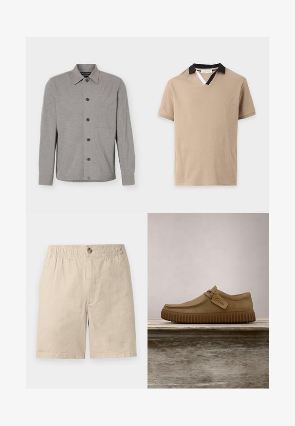 Grijs overhemd met lange mouwen, knoopsluiting, kraag en borstzak, plat gelegd met alle knopen dichtgeknoopt aan de voorkant.; Beige polo met korte mouwen, een zwarte kraag en een kleine witte inzet bij de V-hals.; Beige katoenen shorts met elastische tailleband, knoopsluiting en detail aan de voorste naad tegen een witte achtergrond.; Lichtbruine suède schoenen met een ronde neus, gestikte details en een geribbeld bruine rubberen zool. Bevat een zijlabel met het "Clarks" logo.