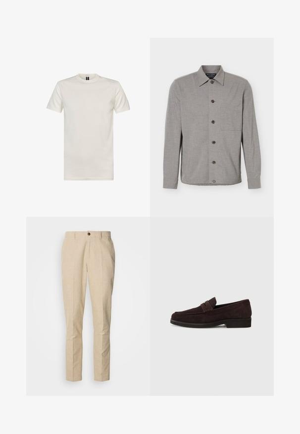 Grijs overhemd met lange mouwen, knoopsluiting, kraag en borstzak, plat gelegd met alle knopen dichtgeknoopt aan de voorkant.; Crewneck t-shirt met korte mouwen in off-white katoen. Heeft een gladde textuur, standaard pasvorm en een minimalistisch ontwerp zonder patronen.; Beige broek met een subtiel ruitpatroon, rechte voorkant, rechte benen en een enkele bruine knop op de taille.; Bruine suède loafers met een lage profiel en ronde neus. Heeft een decoratieve band over de bovenkant, een platte rubberen zool en geen zichtbare stiksels.