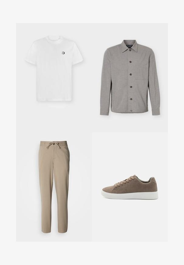 Chemise grise à manches longues avec col et poche poitrine, affichée à plat avec les boutons fermés sur le devant.; T-shirt blanc à manches courtes et col rond avec petit logo "D" noir sur la poitrine gauche, sur fond gris clair uni.; Pantalon beige en tissu doux, doté d'une taille à cordon de serrage et d'une coupe décontractée, avec des jambes droites et sans poches visibles.; Baskets en daim marron avec des semelles en caoutchouc blanc plat, design lacé, bout rond et texture lisse. Style minimaliste avec des détails de couture subtils.