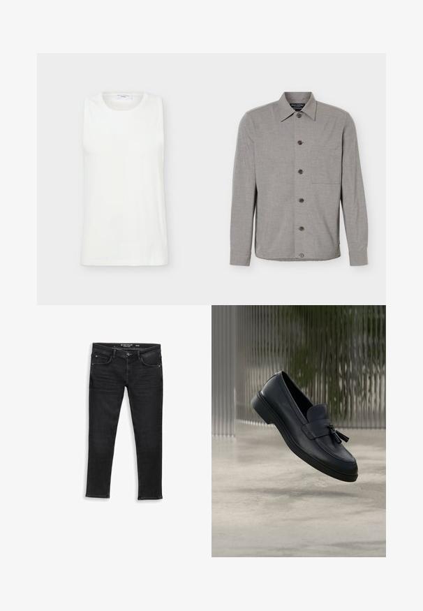 Chemise grise à manches longues avec col et poche poitrine, affichée à plat avec les boutons fermés sur le devant.; Haut blanc sans manches à col rond en tissu lisse, présenté à plat sur un fond clair.; Jean en denim noir à coupe normale, avec fermeture éclair, bouton et cinq poches. Texture lisse et design classique.; Mocassins en cuir noir avec une texture lisse, un bout arrondi et des pampilles décoratives à l'avant. Semelle en caoutchouc flexible avec un petit talon.
