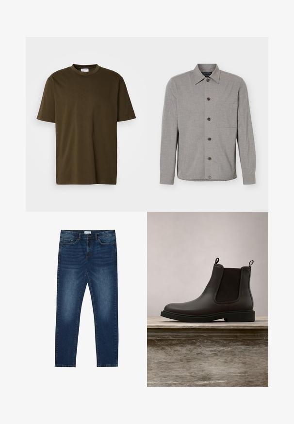 Graues, langärmeliges Hemd mit Knöpfen, Kragen und Brusttasche, flach ausgelegt mit durchgehend geschlossenen Knöpfen vorne.; Ein einfarbig olivgrünes T-Shirt mit kurzen Ärmeln und Rundhalsausschnitt, mit einem sichtbaren weißen Markenetikett am Hals, auf einem weißen Hintergrund präsentiert.; Dunkelblaue Slim-Fit-Jeans mit ausgewaschenen Details, klassischem Fünf-Taschen-Design, Knopfverschluss und Gürtelschlaufen.; Schwarze Chelsea-Boots aus Leder mit elastischen Seitenpaneelen und Zuglaschen, die über einer holzernen Bank im Freien mit einem Hintergrund aus Gras schweben.