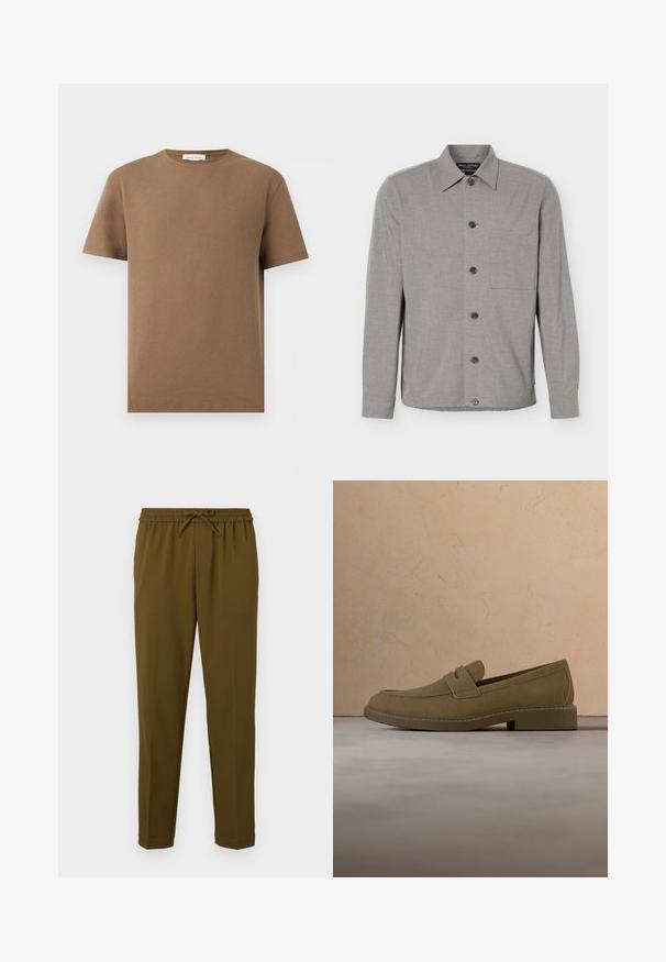 Chemise grise à manches longues avec col et poche poitrine, affichée à plat avec les boutons fermés sur le devant.; T-shirt marron à manches courtes et col rond avec tissu texturé et étiquette "Pier One" à l'intérieur du col, présenté sur fond blanc.; Pantalon léger vert olive avec une taille élastique et un cordon de serrage réglable. Il présente des jambes droites et aucune poche. Texture lisse.; Mocassin en daim marron flottant au-dessus d'un tapis beige texturé dans un salon avec une table basse en bois et des livres empilés.