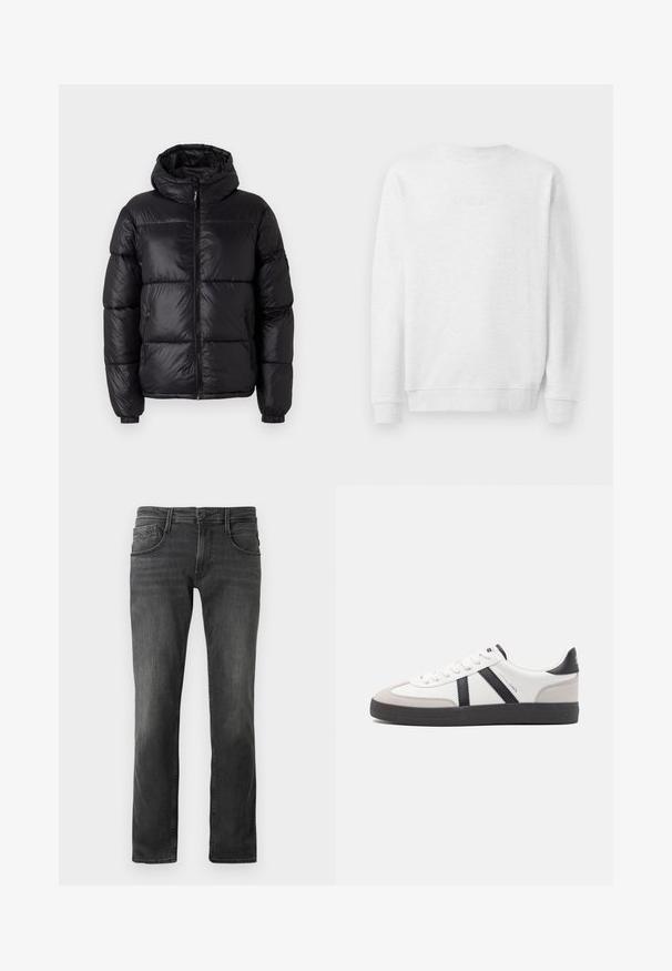 Schwarze Pufferjacke mit Kapuze, glänzender Oberfläche, gesteppten Bereichen, Frontreißverschluss und elastischen Bündchen für eine enge Passform.; Weißes Sweatshirt mit Rundhalsausschnitt, gerippten Bündchen und Saum. Dezenter gestickter Logo auf der Vorderseite. Glattes Baumwollmischgewebe.; Dunkelgraue Denim-Jeans mit geradem Beinschnitt, Fünf-Taschen-Design und subtilen Ausbleichungen. Vorderer Knopfverschluss und Gürtelschlaufen.; Weiße Sneaker mit schwarz- und grau-aczenten, ausgestattet mit einer strukturierten grauen Zehenkappe, schwarzer Gummi-Sohle und flachen weißen Schnürsenkeln. Sauberes Design, minimalistische Stil.