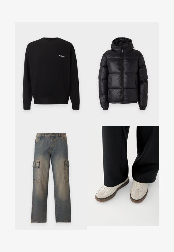 Schwarze Pufferjacke mit Kapuze, glänzender Oberfläche, gesteppten Bereichen, Frontreißverschluss und elastischen Bündchen für eine enge Passform.; Replay Inc. Sweatshirt - black; Denim-Cargo-Hosen in einem verblassten Blauton, lockerer Schnitt, zwei große Seitentaschen, genähte Nähte und ein klassisches Taillenband-Design.; Füße mit beigen Sneakers mit braunen Sohlen und schwarzen Hosen mit weitem Bein auf weißem Hintergrund.