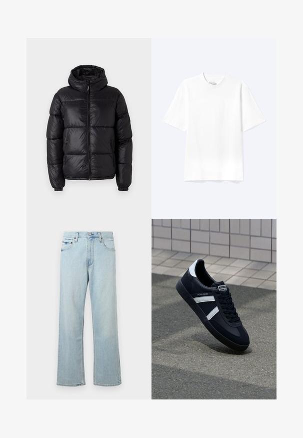 Schwarze Pufferjacke mit Kapuze, glänzender Oberfläche, gesteppten Bereichen, Frontreißverschluss und elastischen Bündchen für eine enge Passform.; Schlichtes weißes T-Shirt mit kurzen Ärmeln und Rundhalsausschnitt in entspannter Passform, auf hellem Hintergrund dargestellt.; Hellblaue Denim-Jeans mit einem lockeren, weit geschnittenen Design. Verfügt über fünf Taschen, Gürtelschlaufen und einen Reißverschluss mit Knopfverschluss.; Schwarze Leder-Sneaker mit weißen Streifen, strukturiertem Gummisohle und Schnürung. Verfügt über ein Markenetikett auf der Zunge.