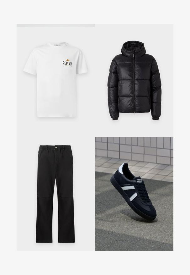 Schwarze Pufferjacke mit Kapuze, glänzender Oberfläche, gesteppten Bereichen, Frontreißverschluss und elastischen Bündchen für eine enge Passform.; Weißes Baumwoll-T-Shirt mit kurzen Ärmeln, das auf der linken Brust ein schwarzes und goldenes "REPLAY GRAND HOTEL"-Logo zeigt. Einfaches Design, normale Passform.; Schwarze Baumwollhosen mit einem elastischen Bund, gerade geschnitten, mit glatter Textur und ohne sichtbare Akzente oder Muster.; Schwarze Leder-Sneaker mit weißen Streifen, strukturiertem Gummisohle und Schnürung. Verfügt über ein Markenetikett auf der Zunge.