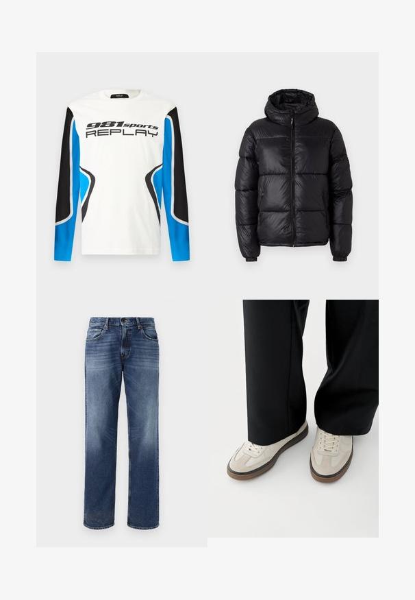 Zwarte pufferjack met een capuchon, voorzien van een glanzende afwerking, gequiltte secties, een rits aan de voorkant en elastische manchetten voor een goede pasvorm.; Langermige sportshirt met een witte voorkant, zwart en blauwe mouwen en het logo "981 sports REPLAY" gedrukt op de borst.; Heren spijkerbroek van blauw denim met een rechte pijp, lichte wassing, vijf zakken en een knoopsluiting.; Voeten met beige sneakers met bruine zolen en zwarte wijde broekspijpen op een witte achtergrond.