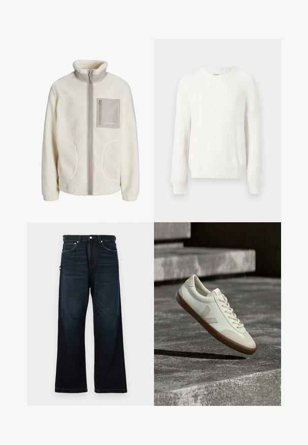 Witte fleecenjacket met hoge kraag, ritssluiting aan de voorkant, twee zijzakken en een enkele borstzak in een beige stof. "JJ Studios" logo op de zak.; Witte geribbelde trui met een ronde halslijn, verlaagde schouders en lange mouwen. Bevat een textuurstof en heeft een rechte zoom.; Donkerblauwe broek met rechte pijpen, klassieke vijf-pocket ontwerp, riemlussen en subtiele vervaging bij de voorkant en knieën.; Witte leren sneakers met een bruine rubberen zool, platte veters en een V-vormig accent aan de zijkant. Ze hebben een glad oppervlak en minimale stikdetails.