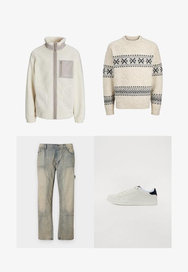 Valkoinen fleece-takki, jossa on korkea kaulus, etuvetoketju, kaksi sivutaskua ja yksi rintatasku beigessä kankassa. "JJ Studios" -logo taskussa.; Beige väriinen neulottu villapaita, jossa tummanharmaat geometriset kuviot rinnassa, hihoissa ja vatsan alaosassa. Pyöreä pääntie ja resorit hihansuissa.; Vaaleansiniset kuluneet farkut, joissa on löysä istuvuus, suuret etutaskut ja erottuva tikkaus. Kangas on pehmeä ja kulunut.; Valkoinen nahkainen lenkkari, jossa on pyöreä varvas, litteä pohja ja tummansininen yksityiskohta kantapäässä. Varustettu nauhakiinnityksellä ja hillityillä ompeluyksityiskohdilla.