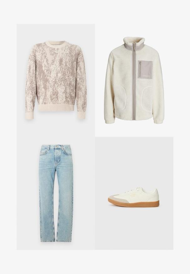 Veste en polaire blanche avec un col haut, fermeture éclair à l'avant, deux poches latérales et une poche poitrine en tissu beige. Logo "JJ Studios" sur la poche.; Pull en tricot couleur crème et beige avec un motif abstrait texturé. Doté d'un col rond et de poignets et d'un ourlet côtelés.; Jean en denim bleu clair avec une coupe droite, doté d'une taille classique, de cinq poches et d'un léger effet délavé sur le tissu.; Baskets en cuir blanc avec une coque beige et une semelle en caoutchouc marron clair. Dotées de lacets blancs plats et d'un logo embossé sur le côté.