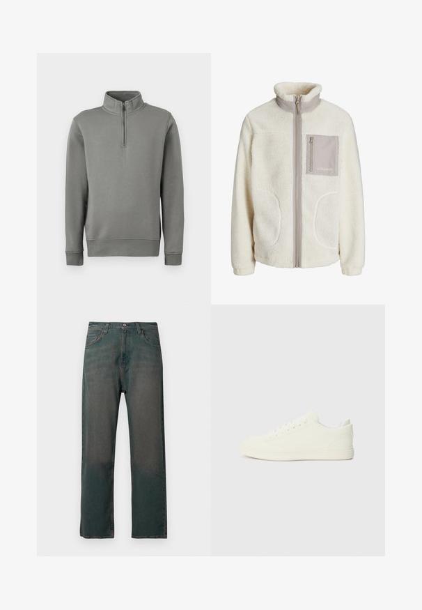 Veste en polaire blanche avec un col haut, fermeture éclair à l'avant, deux poches latérales et une poche poitrine en tissu beige. Logo "JJ Studios" sur la poche.; Sweat à capuche gris avec un col zippé à mi-hauteur, des poignets côtelés et un ourlet droit. Fabriqué en tissu doux avec une texture lisse.; Jean en denim vert foncé avec une coupe droite, doté d'un design classique à cinq poches et de coutures contrastantes le long des coutures.; Baskets blanches avec une tige à texture lisse, bout arrondi et laçage traditionnel, arborant un design minimaliste et une semelle en caoutchouc.