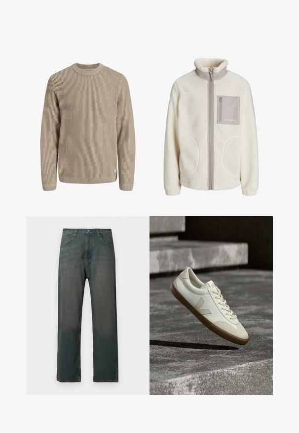 Hvid fleecejakke med høj krave, lynlås foran, to sidelommer og en enkelt brystlomme i en beige stof. "JJ Studios" logo på lommen.; Beige ribstrikket sweater med lange ærmer og rund halsudskæring, vist mod en lys baggrund.; Mørkegrønne denimjeans med lige ben, der har et klassisk design med fem lommer og kontrastsyninger langs sømmene.; Hvide læder sneakers med tanfarvet gummisål, flade snørebånd og V-formet detalje på siden. Har en glat overflade og minimale syninger.