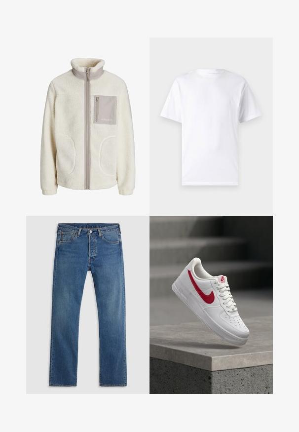 Witte fleecenjacket met hoge kraag, ritssluiting aan de voorkant, twee zijzakken en een enkele borstzak in een beige stof. "JJ Studios" logo op de zak.; Witte T-shirt met korte mouwen, gemaakt van katoen, met een ronde hals. Het heeft een gladde textuur en een eenvoudig ontwerp zonder patronen of accenten.; Blauwe rechte denim jeans met vijf zakken, riemlussen en een sluiting met een knoop en ritssluiting aan de voorkant, op een effen achtergrond.; Witte Nike Air Force 1 sneaker met rood swoosh-logo zwevend boven een betonnen rand en trappen op de achtergrond.