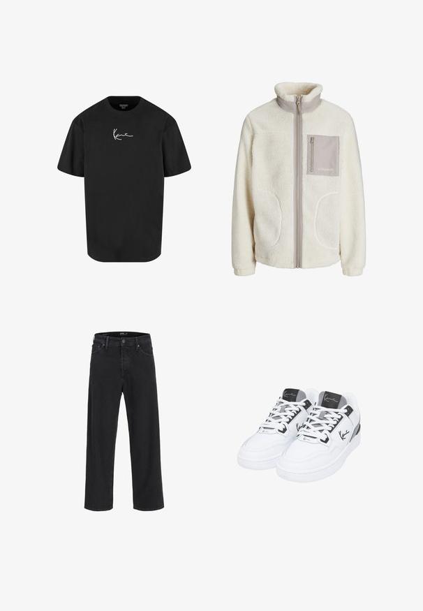 Witte fleecenjacket met hoge kraag, ritssluiting aan de voorkant, twee zijzakken en een enkele borstzak in een beige stof. "JJ Studios" logo op de zak.; Zwarte katoenen t-shirt met korte mouwen, ronde hals en een witte handtekeninglogo gedrukt op de voorkant. Soepele textuur en een ontspannen pasvorm.; Zwarte recht gesneden denim jeans met knoop- en ritssluiting, riemlussen en voor- en achterzakken.; Witte sportschoenen met een gladde leren bovenkant, grijze accenten op de tong en hiel, en een zwart logo detail aan de zijkant.