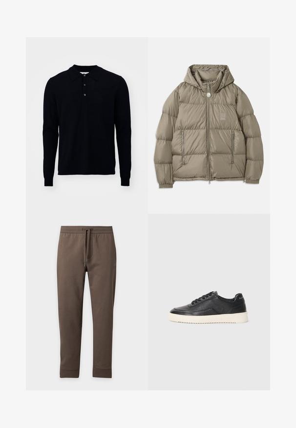 Padded bunda v tlmenej olivovej zelenej, s kapucňou, zipsovými vreckami, elastickými manžetami a nášivkou loga na hrudi. Hladká textura.; Polo tričko s dlhým rukávom v tmavomodrej farbe, vyrobené z jemne pleteného materiálu. Obsahuje golier, zapínanie na tri gombíky a rebrované manžety.; Hnedé zúžené tepláky s elastickým pásom a šnúrkou, zobrazené na svetlom pozadí.; Čierne kožené tenisky s textúrovaným povrchom, okrúhlou špičkou a plochou bielou gumovou podrážkou. Obsahujú čierne šnúrky a značku na päte.
