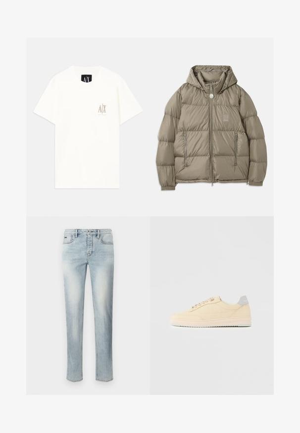 Gepolsterte Jacke in einem gedämpften Olivgrün, mit Kapuze, Reißverschlusstaschen, elastischen Bündchen und einem Logopatch auf der Brust. Glatte Textur.; Weißes T-Shirt aus Baumwolle mit kurzen Ärmeln, das auf der Brust ein kleines, in Beige gesticktes Logo zeigt. Rundhalsausschnitt mit lockerer Passform.; Hellblaue gerade geschnittene Jeans mit ausgewaschenem Frontbereich, fünf Taschen, Knopfverschluss und Gürtelschlaufen auf einem weißen Hintergrund.; Beiger Sneaker in niedrigem Design mit Schnürverschluss vorne, hellrosa Sohle und grauem Fersenlasche mit der Marke "Filling Pieces", seitlich auf neutralem Hintergrund gezeigt.