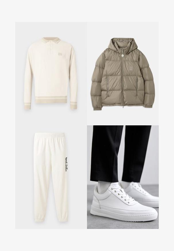 Gepolsterte Jacke in einem gedämpften Olivgrün, mit Kapuze, Reißverschlusstaschen, elastischen Bündchen und einem Logopatch auf der Brust. Glatte Textur.; Beige langärmeliges Poloshirt aus strukturiertem Strick mit einem geknöpften Kragen sowie Streifen am Saum und an den Bündchen. Verfügt über dezente Markenkennzeichnung auf der Brust.; Helle beige Sweatpants mit einem elastischen Bund und elastischen Bündchen. Mit einem schwarzen Logo-Druck auf dem linken Bein. Weicher Stoff. ; Weiße Leder-Sneaker mit flacher Gummisohle, ausgestattet mit einer glatten Oberfläche, runder Zehenpartie und Metallösen für die Schnürsenkel. Getragen mit schwarzen Hosen.