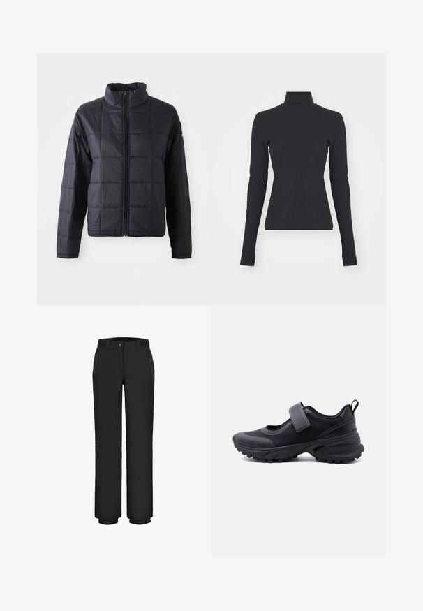 Chaqueta negra acolchada con cuello alto, cremallera frontal completa y mangas largas. Fabricada con un material ligero y de textura suave.; Top negro de canalé con cuello alto, de manga larga, forma ajustada, textura suave y ligero estiramiento, diseñado para comodidad y capas.; Pantalones impermeables negros con corte recto, puños elásticos, bolsillos frontales con cremallera y cierre de botón. Textura suave con acabado mate.; Zapatilla deportiva negra con suela robusta, tira ajustable en la parte superior y lengüeta en el talón, mostrada de perfil sobre un fondo blanco.