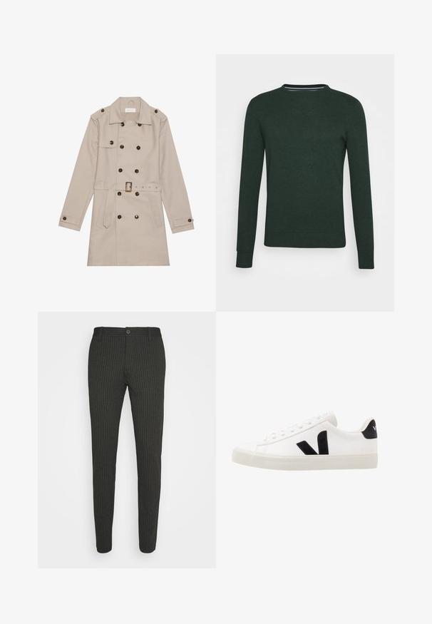 Manteau beige à double boutonnage, grandes boutons foncés, taille ceinturée, épaulettes et deux poches frontales.; Pull en tricot vert foncé avec un col rond, des manches longues et des poignets et un bas côtelés. Texture lisse sans motifs ni accents visibles.; Pantalons à fines rayures gris foncé avec une coupe ajustée, dotés d'une taille standard et d'une fermeture à un bouton. Texture lisse et design sur mesure.; Sneaker blanche en cuir avec des accents en daim noir ; dispose d'une semelle en caoutchouc, d'un bout rond et d'un design classique à lacets. Logo latéral en noir.