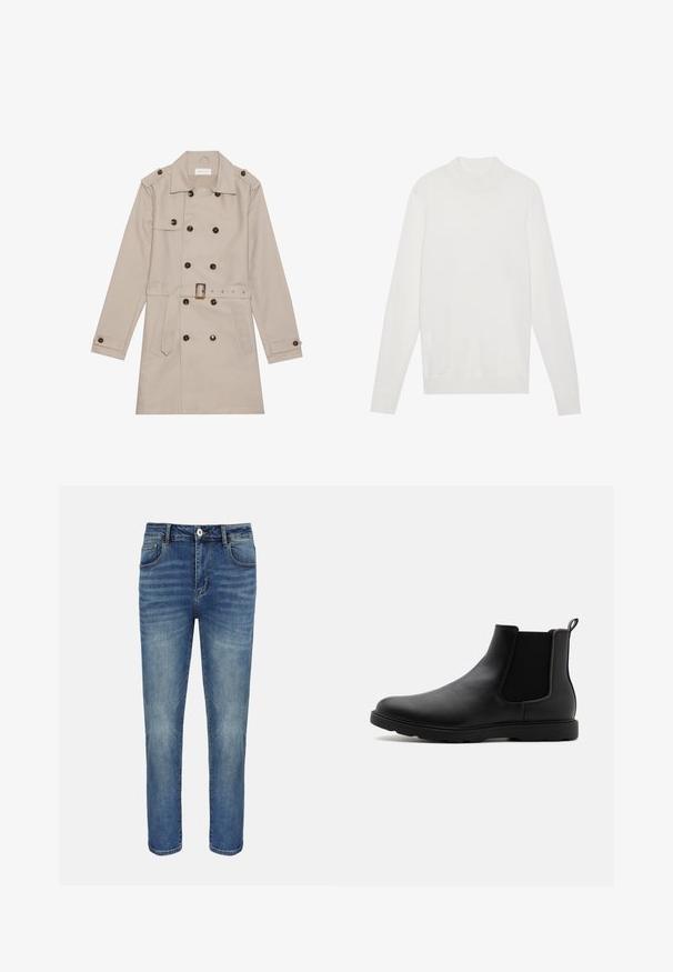 Beige trenchcoat med dobbelt række, store mørke knapper, talje med bælte, skulderlapper og to frontlommer.; Hvid pullover sweater med høj halsudskæring, lange ærmer og ribbede manchetter og kant. Fremstillet af et blødt strikket stof. Simpelt og tætsiddende design.; Blå straight-leg cowboybukser med forreste knap og lynlås, bæltestropper samt for- og baglommer.; Sorte læder Chelsea støvle med elastiske sidepaneler, en trækflap og en holdbar gummisål. Glat tekstur og strømlinet design.