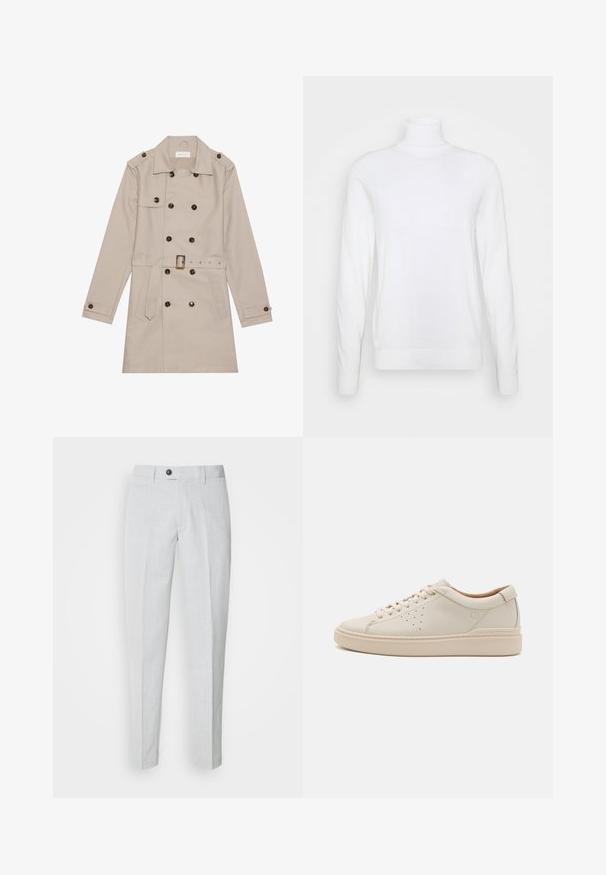 Beige trenchcoat med dobbelt række, store mørke knapper, talje med bælte, skulderlapper og to frontlommer.; Hvid turtleneck sweater med lange ærmer, lavet af glat stof. Har et tætsiddende design og ribbede manchetter og kant. Ingen mønstre eller accenter.; Lys grå bukser lavet af tekstureret stof, med knaplukning, flad front og smalle ben for en strømlinet pasform.; Beige læder sneakers med rund tå, flade snørebånd, perforerede side detaljer og en tyk, tekstureret gummisål. Naturlig læderforing.