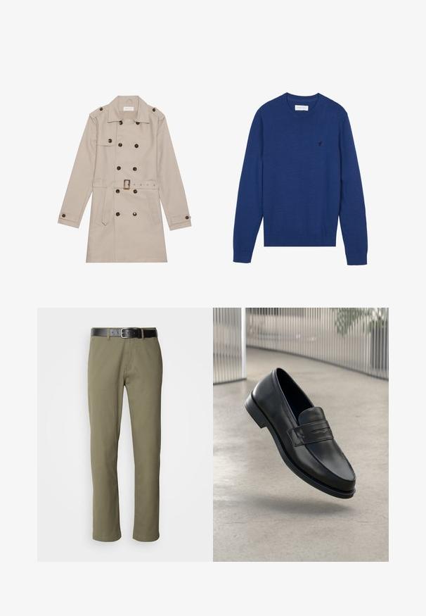 Beige trenchcoat med dobbelt række, store mørke knapper, talje med bælte, skulderlapper og to frontlommer.; Mørkeblå striktrøje med rund halsudskæring, lange ærmer og ribbede manchetter. Har et lille broderet logo på brystet.; Olivengrønne lige ben bukser lavet af bomuld, med et sort læderbælte, synlig søm og sidelommer.; Sort lædersko med glat tekstur, spids tå og en dekorativ rem over vristen. Letvægts sål, minimalistisk design.