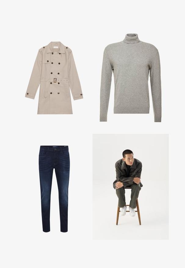 Trench beige con diseño de doble botón, grandes botones oscuros, cintura ceñida con cinturón, hombreras y dos bolsillos frontales.; Suéter gris de cuello alto y mangas largas. Hecho de un material suave y liso, con un diseño ajustado y detalles de canalé en el dobladillo.; Jeans de mezclilla azul oscuro con un corte slim, diseño de cinco bolsillos, sutil desgaste en la tela, cierre de botón y etiqueta con el logo en la parte trasera de la cinturilla.; Joven con chaqueta de cuero oscura y vaqueros sentado en un taburete de madera, inclinado hacia adelante con los brazos cruzados, mirando hacia un lado contra un fondo blanco.