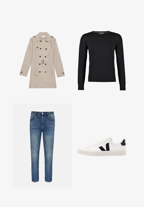 Beige trenchcoat met een dubbelzijdig ontwerp, grote donkere knopen, een ceintuur in de taille, schouderepauletten en twee vo zakken.; Zwarte gebreide trui met lange mouwen, ronde halslijn en geribde manchetten en zoom. Gladde textuur en getailleerd ontwerp.; Blauwe straight-leg spijkerbroek met knoop- en ritssluiting aan de voorkant, riemlussen en voor- en achterzakken.; Witte leren sneaker met zwarte suède accenten; voorzien van een rubberen zool, ronde neus en een klassieke vetersluiting. Zijkant met logo in het zwart.