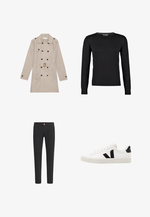 Trench beige con diseño de doble botón, grandes botones oscuros, cintura ceñida con cinturón, hombreras y dos bolsillos frontales.; Suéter negro de punto con mangas largas, cuello redondo y puños y dobladillo de canalé. Textura suave y diseño ajustado.; Pantalones ajustados negros con trabillas para cinturón, bolsillos delanteros y cierre de botón en la cintura.; Zapatilla de cuero blanca con acentos de ante negro; presenta una suela de goma, puntera redonda y un diseño clásico de cordones. Logo lateral en negro.